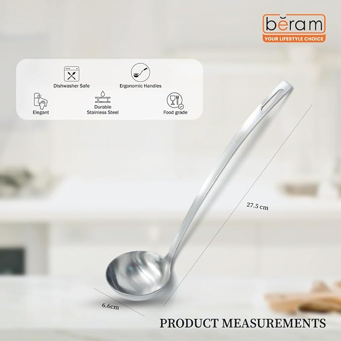 BERAM Soup Ladle Stainless Steel Soup Spoon Kitchen Tool Long Handle Chef Utensils Cooking Utensil Serving Spoon Food Grade Non-Deformable Compact Lightweight (6 CM)