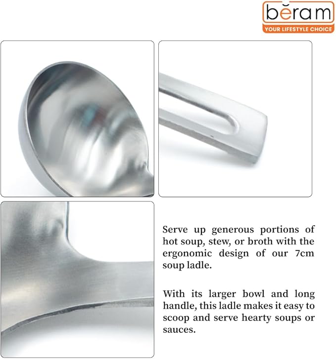 BERAM Soup Ladle, Stainless Steel Soup Spoon, Kitchen Tool, Long Handle Chef Utensils, Cooking Utensil, Serving Spoon, Food Grade, Non-Deformable, Compact, Lightweight (7 CM)