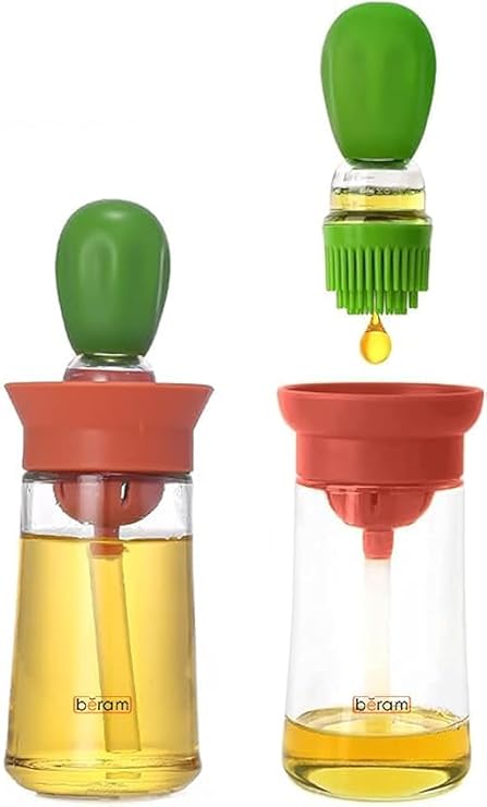 Beram Oil Dispenser Bottle with Barbecue Brush for Oil Vinegar or Sauce Glass Storage Container with Silicone Basting Brush for Kitchen Cooking Baking Grilling and Air Fryer Use Non Drip Leakproof Design