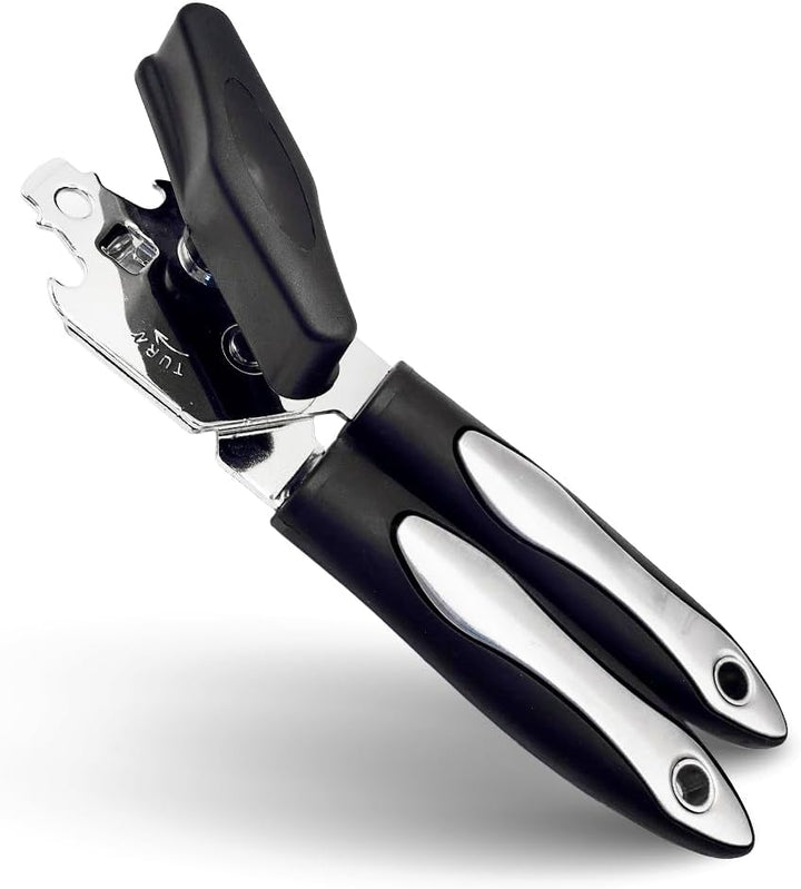 BERAM Manual Can Opener – Heavy Duty Stainless Steel Multi-Opener with Built-In Bottle Opener – Anti-Slip Grip, Large Turn Knob – Black & Silver Handheld Kitchen Tool