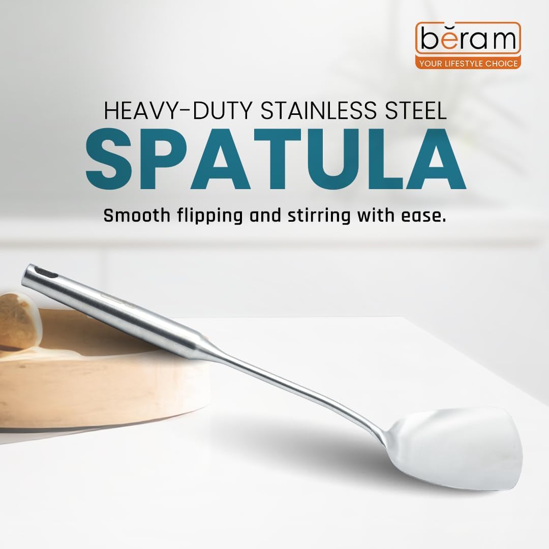 BERAM Stainless Steel Plain Handle Cooking Set, 304 Utensils Set of 6 with Stand – Pasta Server, Rice Scoop, Turner, Spatula, Soup Ladle, Skimmer – Kitchen Tools for Daily Use