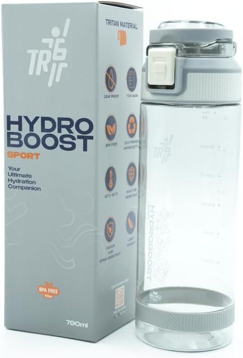 TR6 Hydra Boost Sport Clear Gym Bottle Leak Proof BPA Free Flip Lock Lid Carry Holder Lightweight for Gym Office Travel Hydration Tracker with Markings 790ml 790 ml