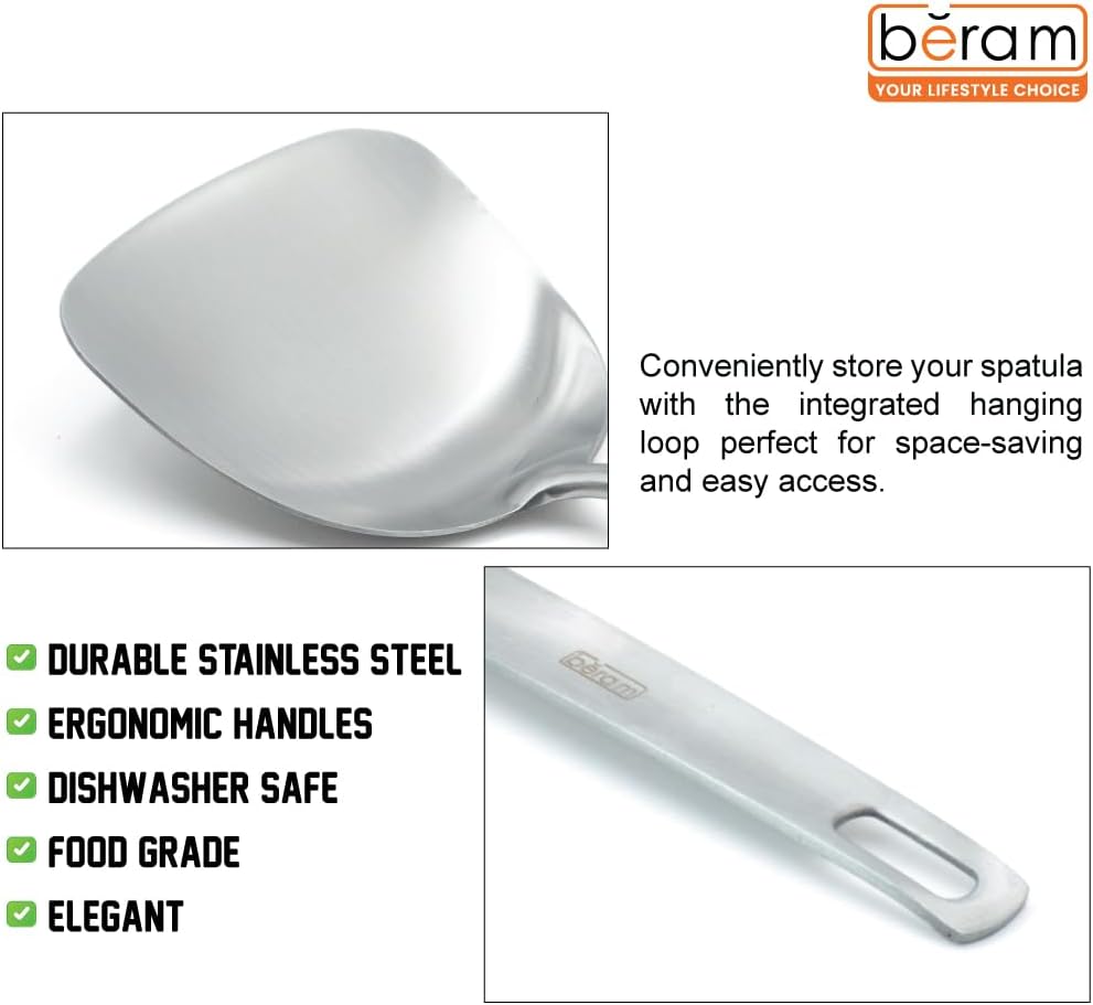 BERAM Stainless Steel Spatula, Cooking Utensil, Flat Handle Kitchen Tool, 304 Stainless Steel, 100% Food Grade, Compact, Lightweight, Elegant Design, Silver