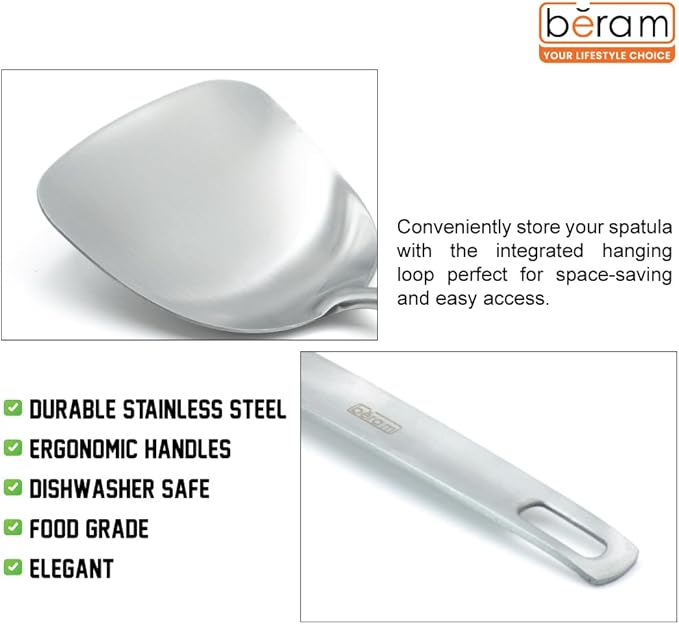 BERAM Stainless Steel Spatula, Cooking Utensil, Flat Handle Kitchen Tool, 304 Stainless Steel, 100% Food Grade, Compact, Lightweight, Elegant Design, Silver Visit the Beram Store