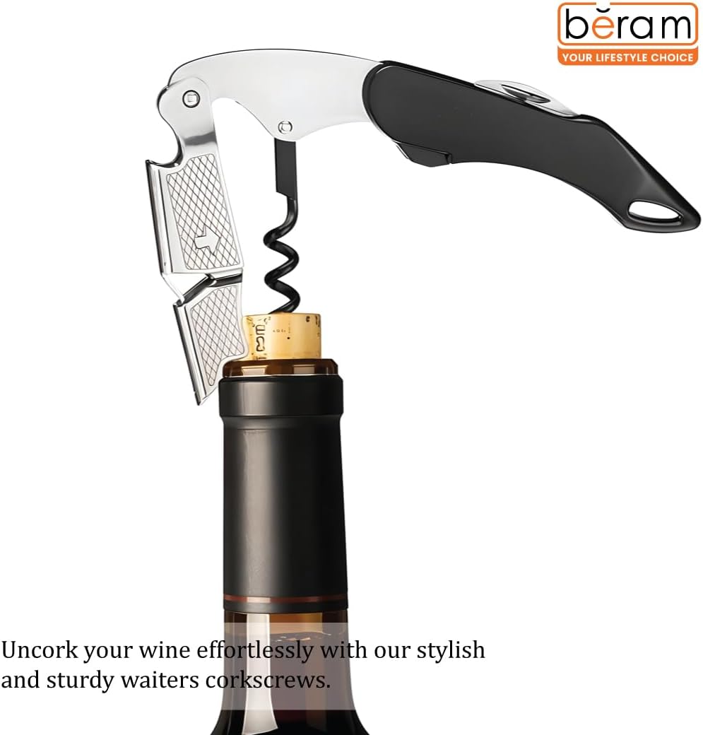 BERAM Multifunctional Opener, Waiters Corkscrew, Heavy Duty Stainless Steel Hinges, Bottle, Cork, Key Openers for Restaurant Waiters, Sommelier, Bartenders, Black
