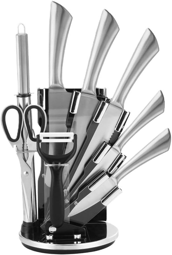 Beram 9 Pieces Kitchen Knife Sets Spinning Magnetic Block High Carbon Stainless Steel Blades Knife Non-stick Non-slip For Everyday Use and Includes Knife Sharpener and Scissors