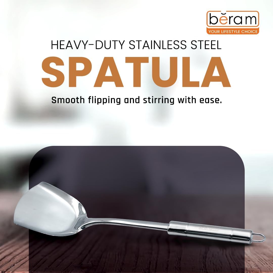 BERAM Stainless Steel Cooking Utensils Set – 6-Piece Kitchen Tool Set with Pasta Server Turner Spatula Skimmer Rice Scoop & Soup Ladle – Durable Matte Silver Cookware Utensils