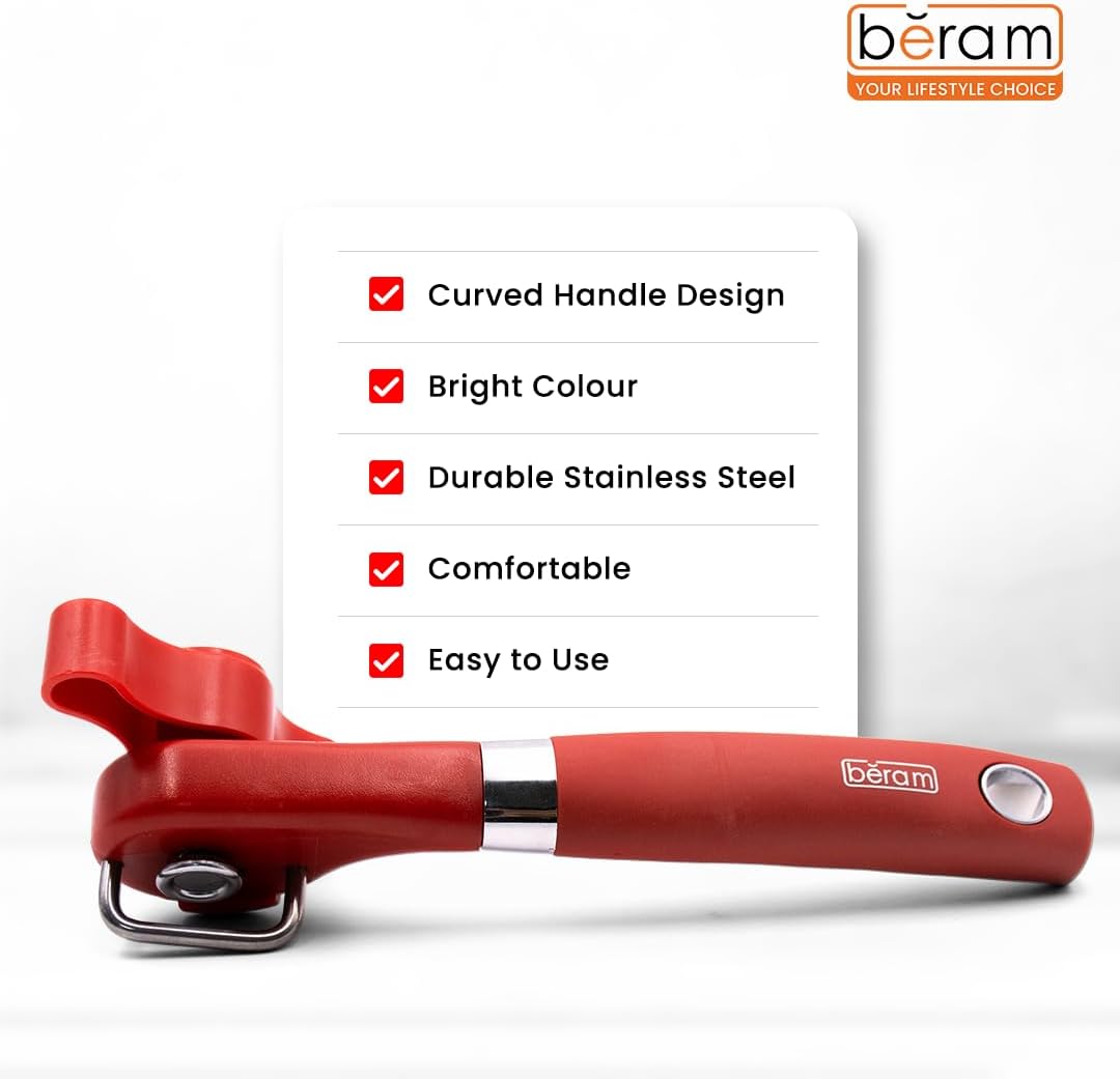 BERAM Manual Can Opener – Heavy Duty Stainless Steel Lid Opening Tool with Curved Handles – Handheld Multiopener with Sharp Blades & Smooth Edge Cutting