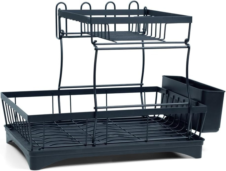 BERAM 2-Tier Stainless Steel Dish Drying Rack – Rust-Resistant Kitchen Organizer with Utensil Holder & Drainboard for Countertop Storage – Black