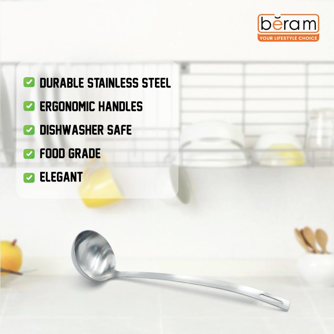 BERAM Soup Ladle Stainless Steel Soup Spoon Kitchen Tool Long Handle Chef Utensils Cooking Utensil Serving Spoon Food Grade Non-Deformable Compact Lightweight