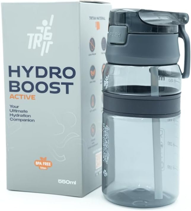 TR6 Hydro Boost Active Clear 550ml Water Bottle BPA Free Tritan Transparent Leak Proof Push Lid with Straw & Handle Lightweight Shatter Resistant Odor Free Ideal for Kids Office Gym & Daily use