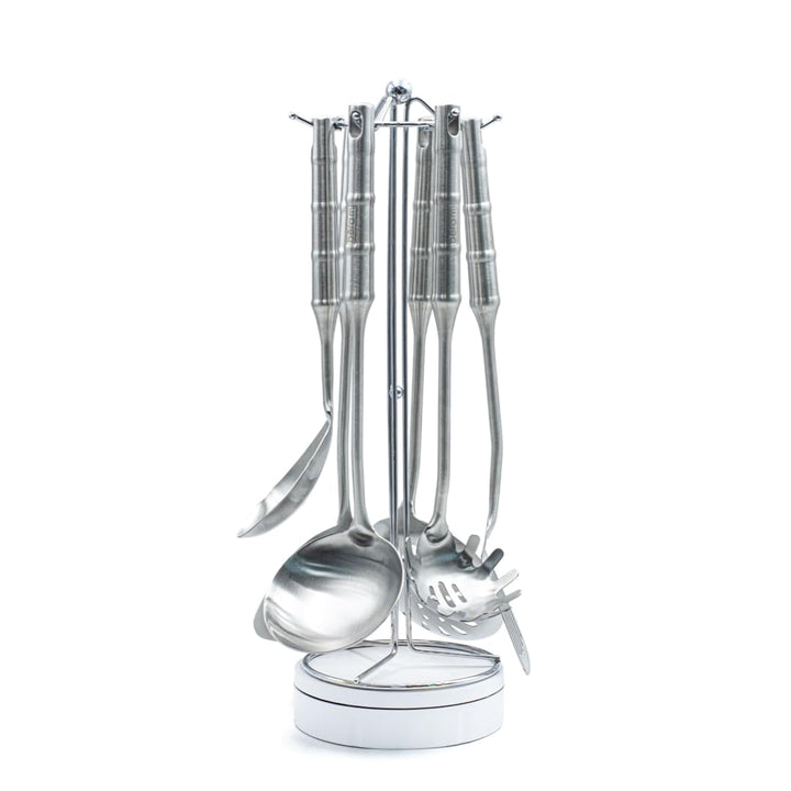 BERAM Cooking Utensils Set 304 Stainless Steel 6 Pieces Soup Spoon Spatula Slotted Turner Rice Scoop Pasta Server Skimmer Food Grade Kitchen Tools with Bamboo Shaped Handles