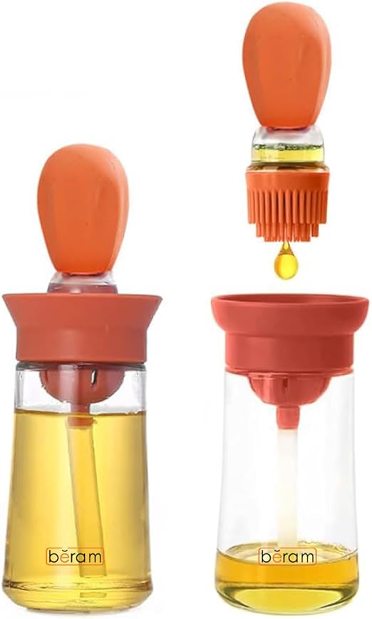 Beram Oil Dispenser Bottle with Barbecue Brush for Oil Vinegar or Sauce Glass Storage Container with Silicone Basting Brush for Kitchen Cooking Baking Grilling and Air Fryer Use Non Drip Leakproof Design