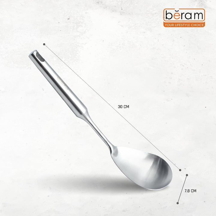BERAM Stainless Steel Plain Handle Cooking Set, 304 Utensils Set of 6 with Stand – Pasta Server, Rice Scoop, Turner, Spatula, Soup Ladle, Skimmer – Kitchen Tools for Daily Use
