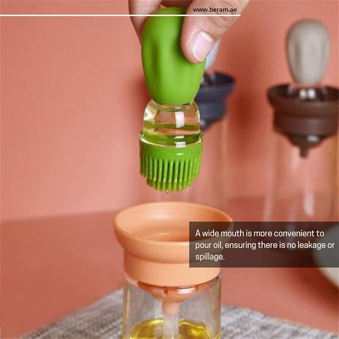 BERAM Oil Dispenser Bottle with Brush Set of 4 for Barbecue Vinegar or Sauce Glass Container with Silicone Baster for Kitchen Baking Air Fryer 2 in 1 Leakproof Non Drip Cooking Tool