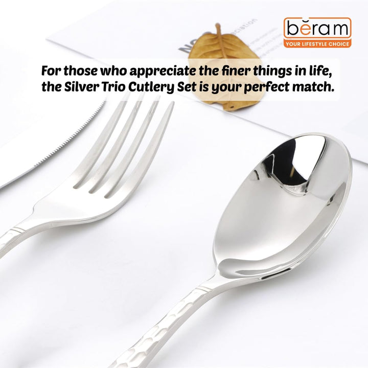 BERAM Silver Trio Cutlery Premium Stainless Steel Flatware and Silverware with Elegant Engraved Handles Durable Kitchen Utensils and Tableware for Home Restaurants Hotels