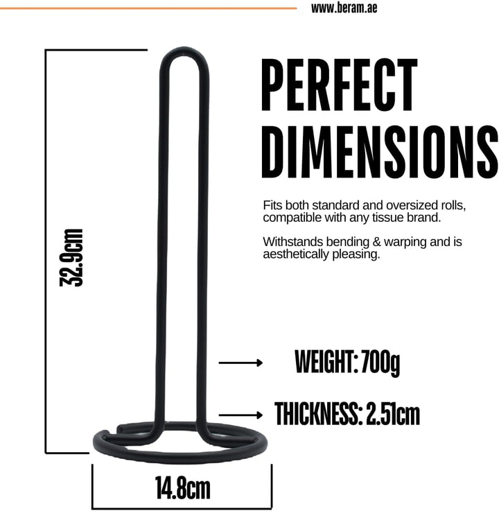 BERAM Tissue Holder for Kitchen Standing Natural Stainless Steel Black Paper Towel Stand Elevated Base Aesthetic Counter Top Rack Vertical Roll Stand for Hotels & Homes