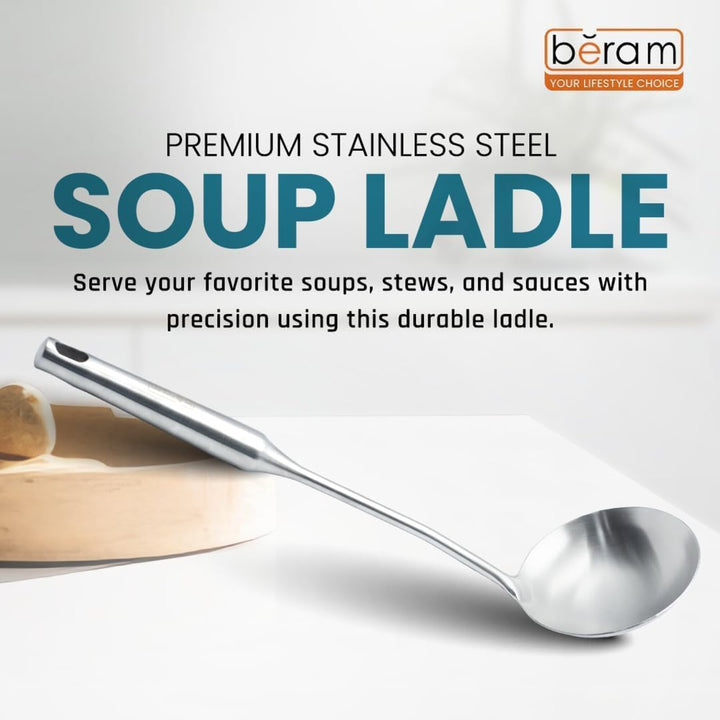 BERAM Stainless Steel Plain Handle Cooking Set, 304 Utensils Set of 6 with Stand – Pasta Server, Rice Scoop, Turner, Spatula, Soup Ladle, Skimmer – Kitchen Tools for Daily Use