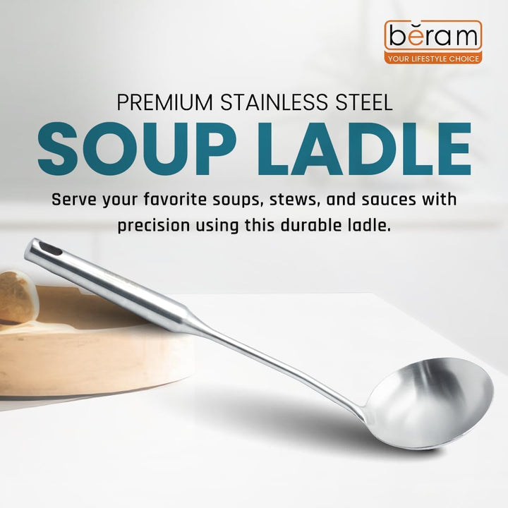 BERAM Stainless Steel Plain Handle Cooking Set, 304 Utensils Set of 6 with Stand – Pasta Server, Rice Scoop, Turner, Spatula, Soup Ladle, Skimmer – Kitchen Tools for Daily Use