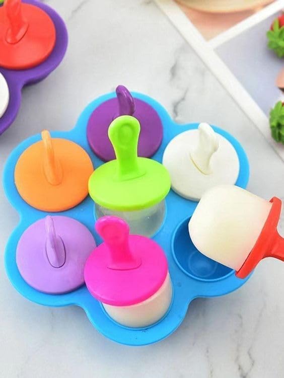 Mini Popsicle Ice Cream Mould, Seven Colourful Sticks, Healthy Fruit Moulds, Pure Silicone Mould with Plastic Sticks, Kids Ice Cream DIY Pop Molds, BPA Free, BERAM