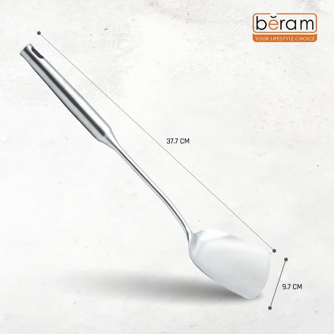 BERAM Stainless Steel Plain Handle Cooking Set, 304 Utensils Set of 6 with Stand – Pasta Server, Rice Scoop, Turner, Spatula, Soup Ladle, Skimmer – Kitchen Tools for Daily Use