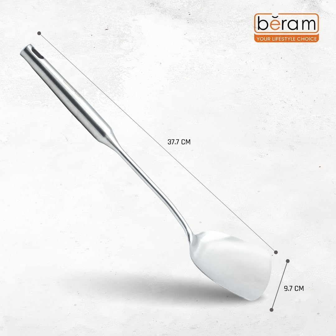 BERAM Stainless Steel Plain Handle Cooking Set, 304 Utensils Set of 6 with Stand – Pasta Server, Rice Scoop, Turner, Spatula, Soup Ladle, Skimmer – Kitchen Tools for Daily Use