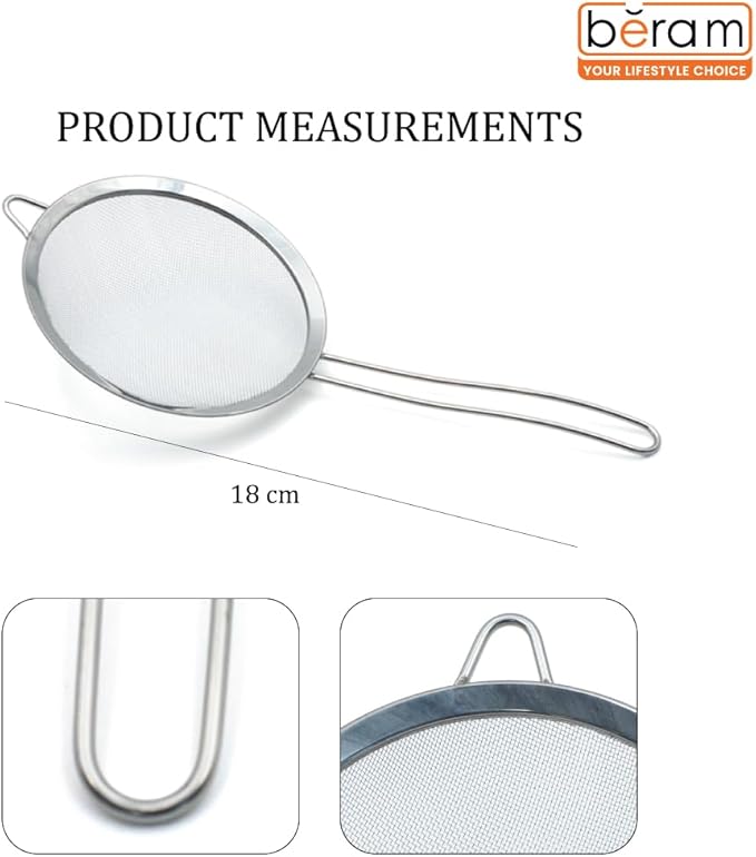 BERAM Strainer, Spiral Design with Handle, 304 Stainless Steel, Sieve for Sifting, Cooking Utensil, Daily Use Kitchen Tool, Juice Strainer, Pulp Separator (18 CM)