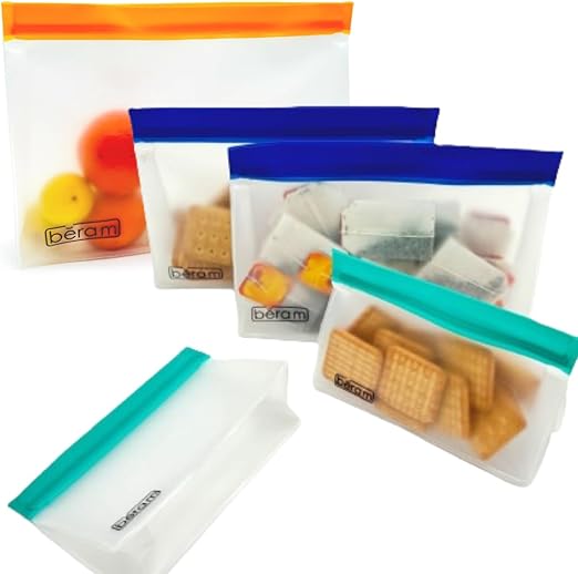 BERAM Reusable Storage Bags Standing Ziploc Containers Dishwasher Safe Leak Proof BPA Free PEVA Material Freezer Safe Lunch and Sandwich Bags Food Safe Picnic and Travel Bags