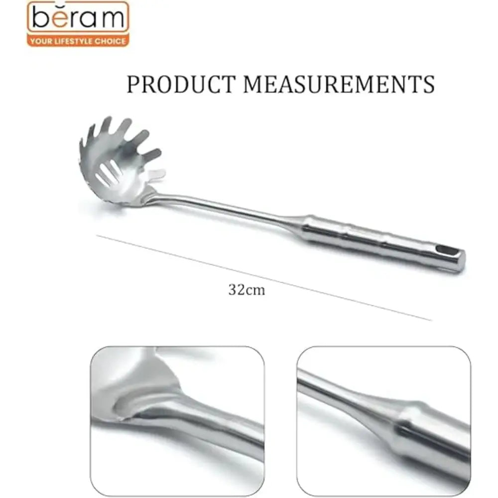 BERAM Cooking Utensils Set 304 Stainless Steel 6 Pieces Soup Spoon Spatula Slotted Turner Rice Scoop Pasta Server Skimmer Food Grade Kitchen Tools with Bamboo Shaped Handles