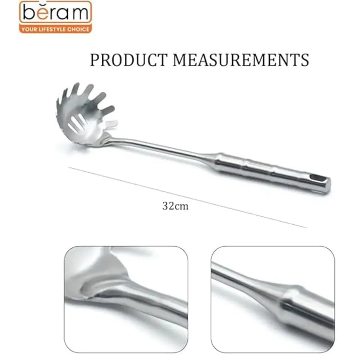 BERAM Cooking Utensils Set 304 Stainless Steel 6 Pieces Soup Spoon Spatula Slotted Turner Rice Scoop Pasta Server Skimmer Food Grade Kitchen Tools with Bamboo Shaped Handles