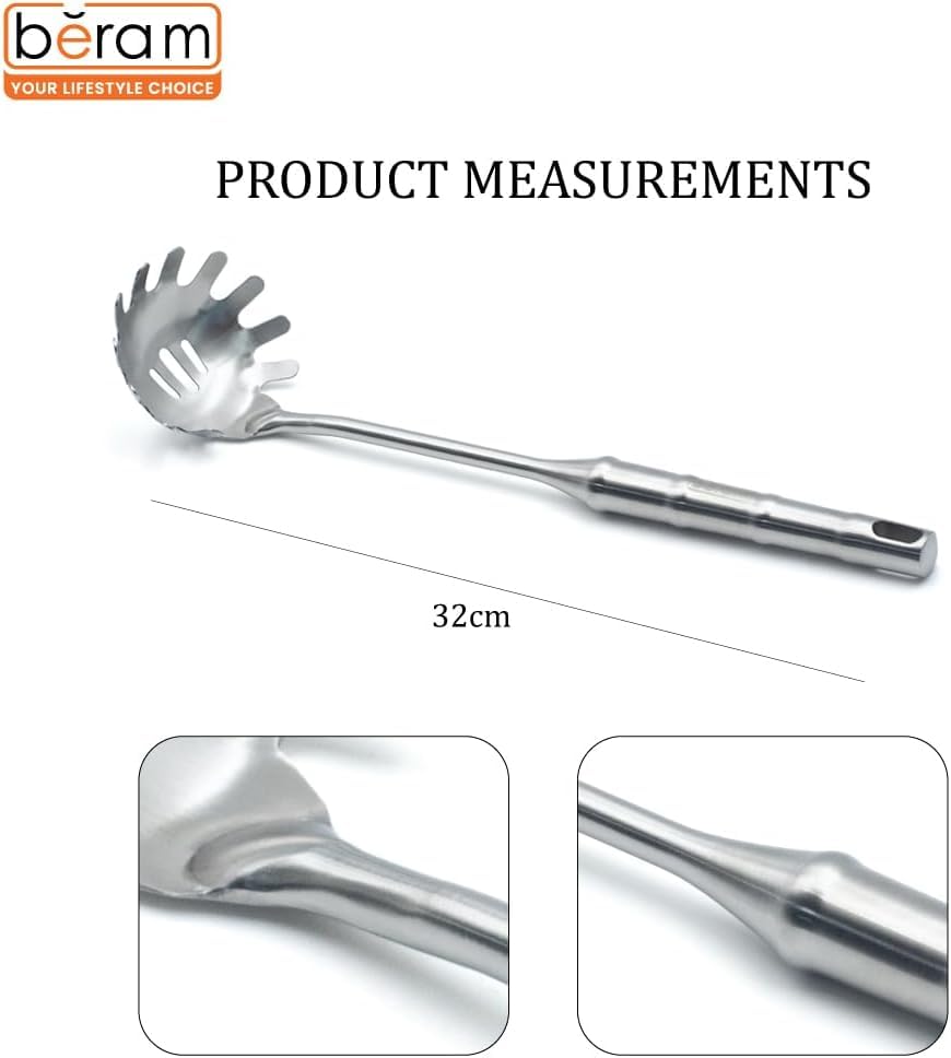 BERAM Cooking Utensils Set 304 Stainless Steel 6 Pieces Soup Spoon Spatula Slotted Turner Rice Scoop Pasta Server Skimmer Food Grade Kitchen Tools with Bamboo Shaped Handles