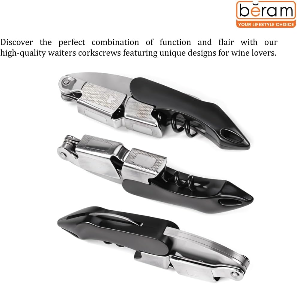 BERAM Multifunctional Opener, Waiters Corkscrew, Heavy Duty Stainless Steel Hinges, Bottle, Cork, Key Openers for Restaurant Waiters, Sommelier, Bartenders, Black