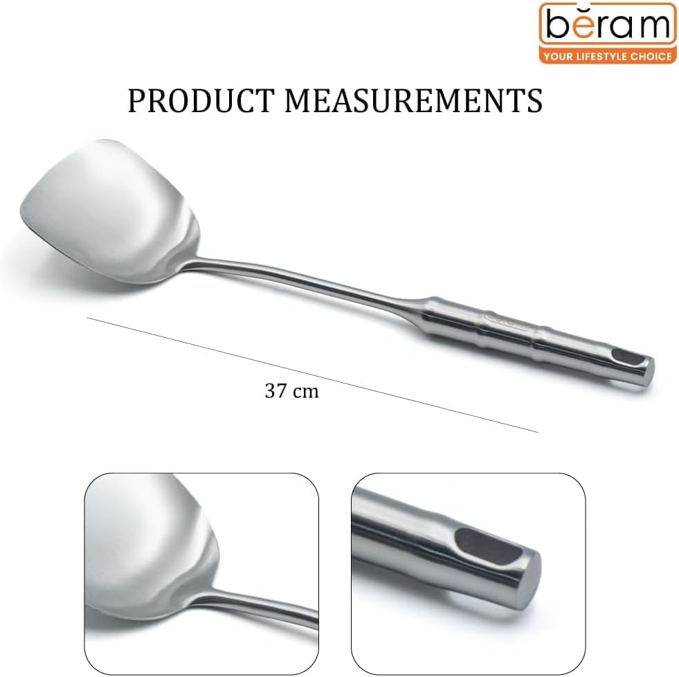 BERAM Cooking Utensils Set 304 Stainless Steel 6 Pieces Soup Spoon Spatula Slotted Turner Rice Scoop Pasta Server Skimmer Food Grade Kitchen Tools with Bamboo Shaped Handles