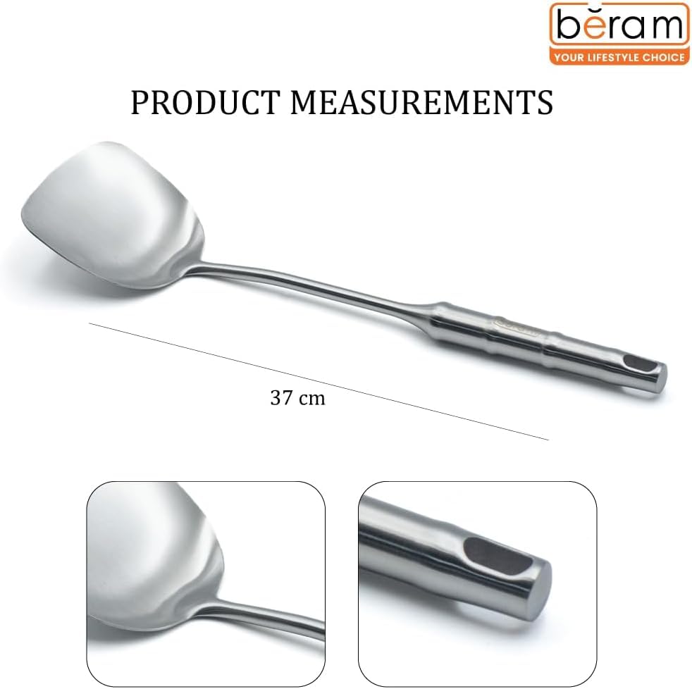 BERAM Cooking Utensils Set 304 Stainless Steel 6 Pieces Soup Spoon Spatula Slotted Turner Rice Scoop Pasta Server Skimmer Food Grade Kitchen Tools with Bamboo Shaped Handles