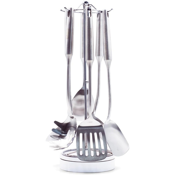 BERAM Stainless Steel Plain Handle Cooking Set, 304 Utensils Set of 6 with Stand – Pasta Server, Rice Scoop, Turner, Spatula, Soup Ladle, Skimmer – Kitchen Tools for Daily Use