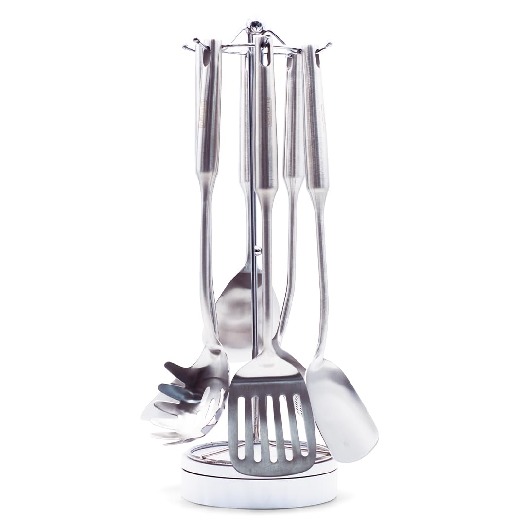 BERAM Stainless Steel Plain Handle Cooking Set, 304 Utensils Set of 6 with Stand – Pasta Server, Rice Scoop, Turner, Spatula, Soup Ladle, Skimmer – Kitchen Tools for Daily Use