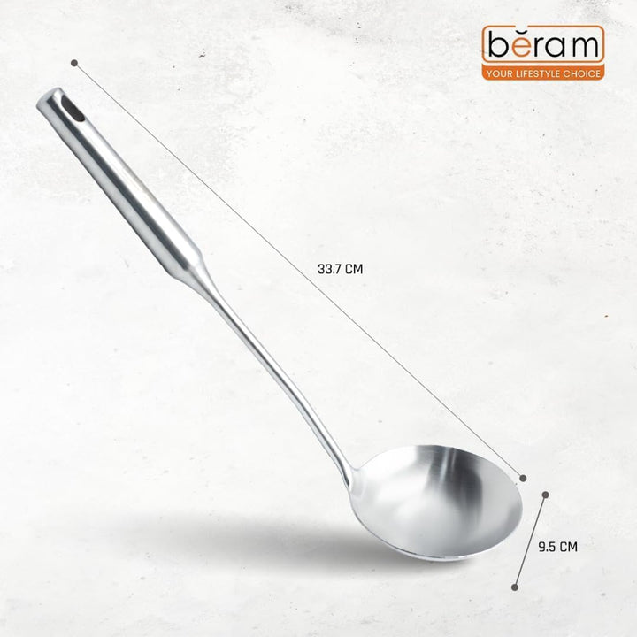 BERAM Stainless Steel Plain Handle Cooking Set, 304 Utensils Set of 6 with Stand – Pasta Server, Rice Scoop, Turner, Spatula, Soup Ladle, Skimmer – Kitchen Tools for Daily Use