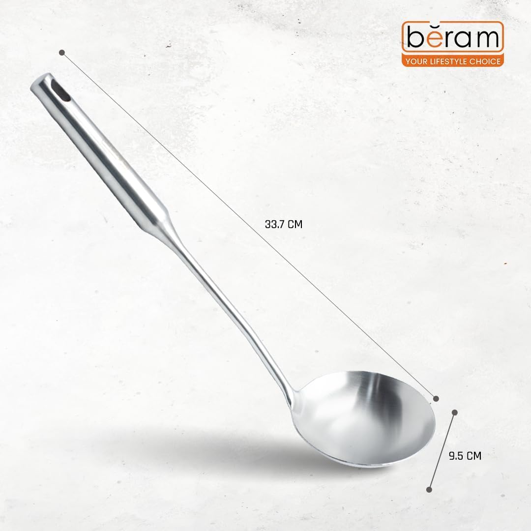 BERAM Stainless Steel Plain Handle Cooking Set, 304 Utensils Set of 6 with Stand – Pasta Server, Rice Scoop, Turner, Spatula, Soup Ladle, Skimmer – Kitchen Tools for Daily Use