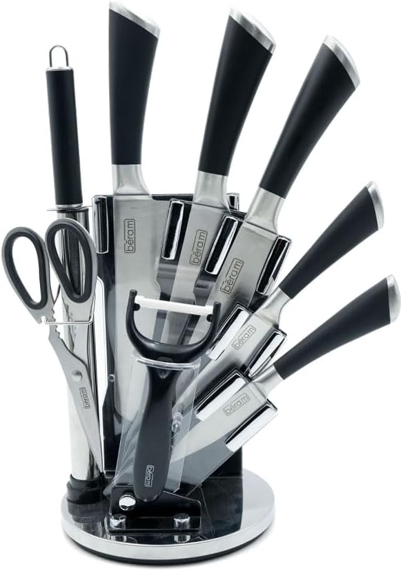 Beram 9 Pieces Kitchen Knife Sets Spinning Magnetic Block High Carbon Stainless Steel Blades Knife Non-stick Non-slip For Everyday Use and Includes Knife Sharpener and Scissors
