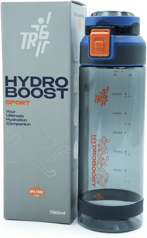 TR6 Hydra Boost Sport Clear Gym Bottle Leak Proof BPA Free Flip Lock Lid Carry Holder Lightweight for Gym Office Travel Hydration Tracker with Markings 790ml 790 ml