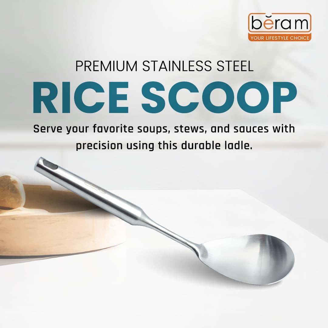 BERAM Stainless Steel Plain Handle Cooking Set, 304 Utensils Set of 6 with Stand – Pasta Server, Rice Scoop, Turner, Spatula, Soup Ladle, Skimmer – Kitchen Tools for Daily Use