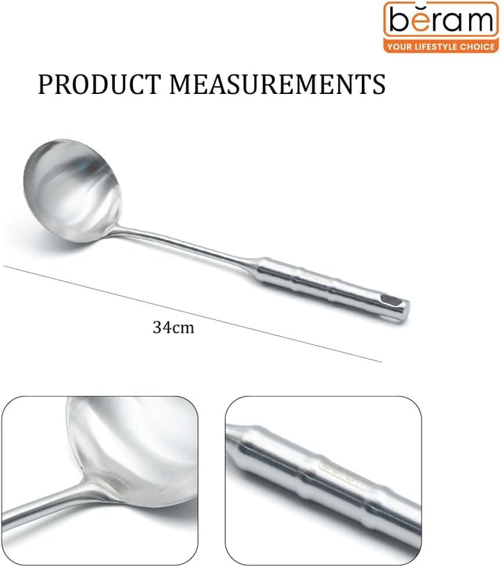 BERAM Cooking Utensils Set 304 Stainless Steel 6 Pieces Soup Spoon Spatula Slotted Turner Rice Scoop Pasta Server Skimmer Food Grade Kitchen Tools with Bamboo Shaped Handles