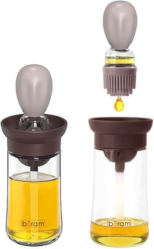 Beram Oil Dispenser Bottle with Barbecue Brush for Oil Vinegar or Sauce Glass Storage Container with Silicone Basting Brush for Kitchen Cooking Baking Grilling and Air Fryer Use Non Drip Leakproof Design