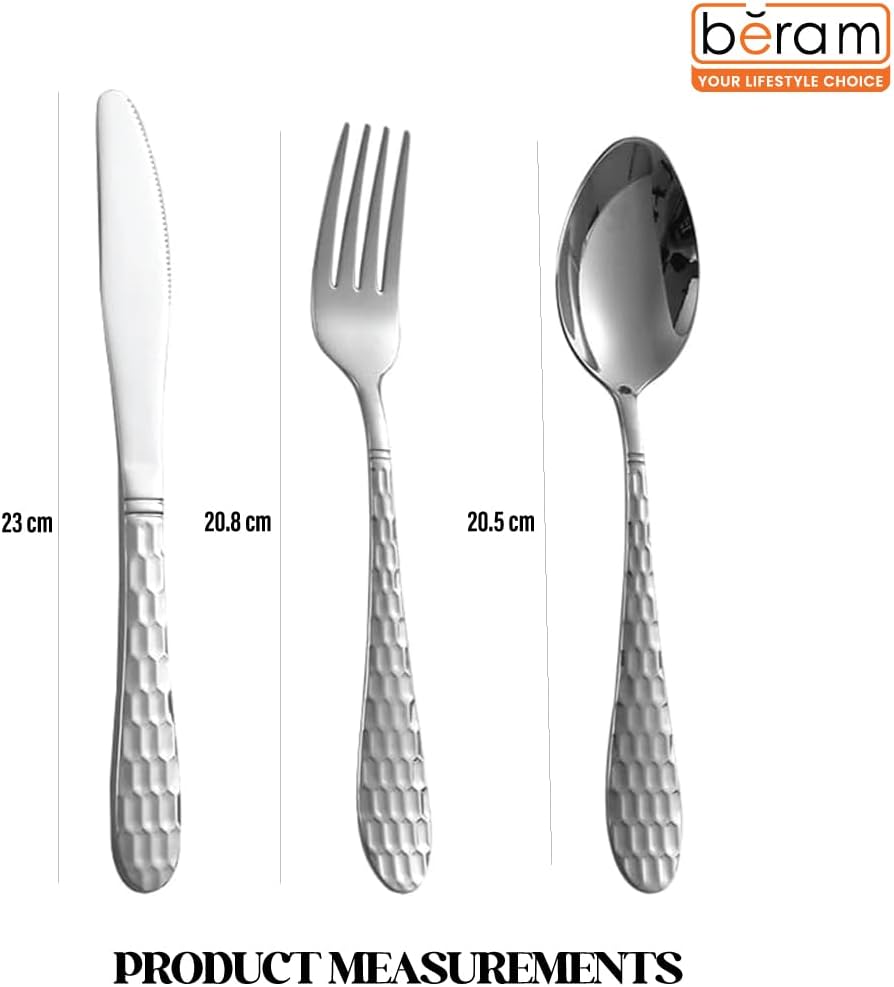 BERAM Silver Trio Cutlery Premium Stainless Steel Flatware and Silverware with Elegant Engraved Handles Durable Kitchen Utensils and Tableware for Home Restaurants Hotels