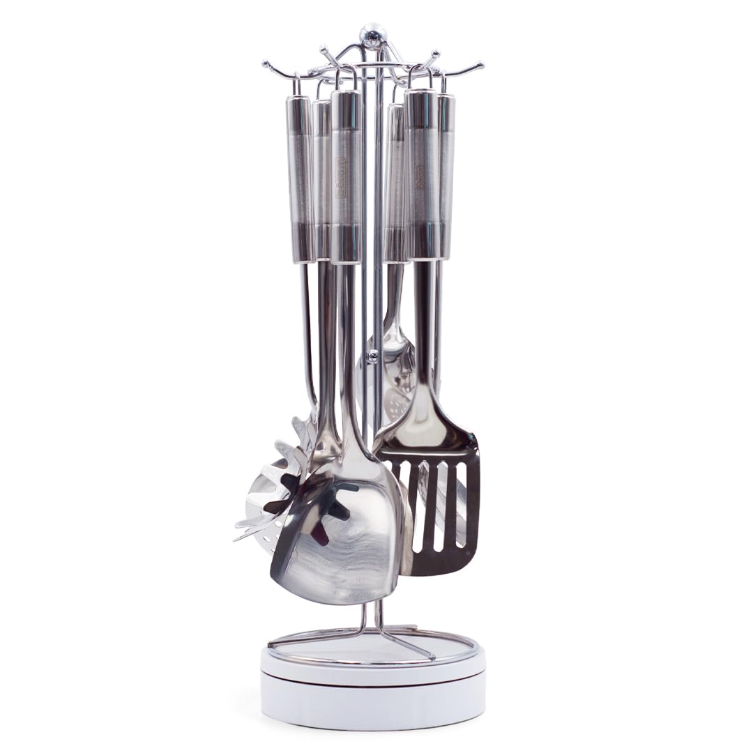 BERAM Stainless Steel Cooking Utensils Set – 6-Piece Kitchen Tool Set with Pasta Server Turner Spatula Skimmer Rice Scoop & Soup Ladle – Durable Matte Silver Cookware Utensils