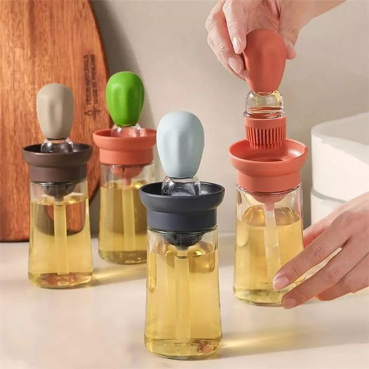 BERAM Oil Dispenser, Bottle with Brush, Set of 4, Used for Barbecue, Vinegar or Sauce, Glass Storage, and Dispenser Container with Silicone Basting Brush for Kitchen, Baking, Air Fryer, 2 in 1