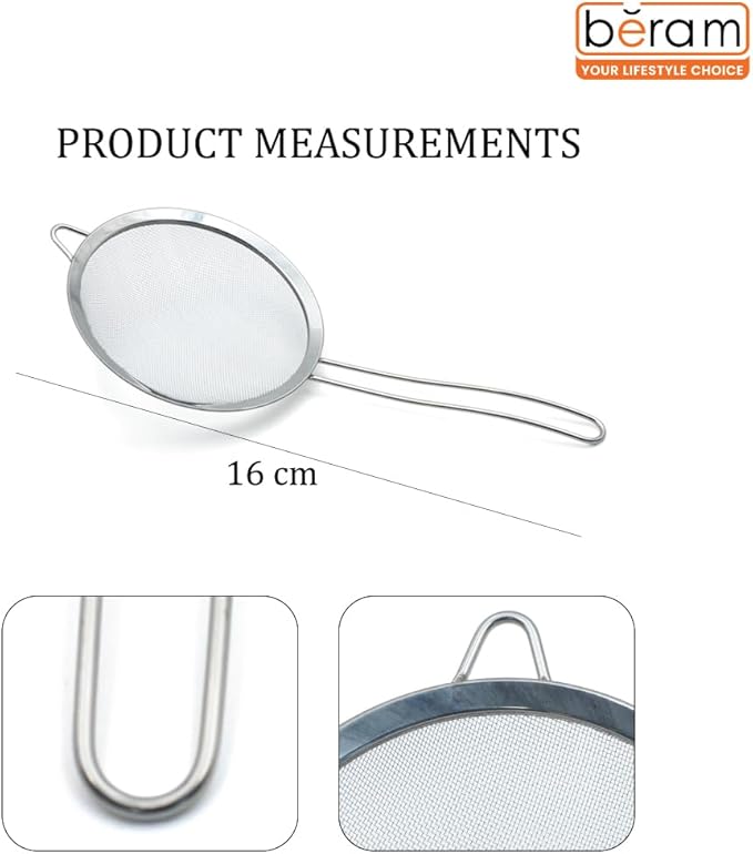 BERAM Strainer, Spiral Design with Handle, 304 Stainless Steel, Sieve for Sifting, Cooking Utensil, Daily Use Kitchen Tool, Juice Strainer, Pulp Separator (16 CM)