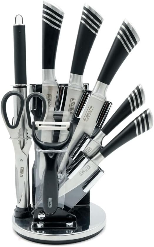 Beram 9 Pieces Kitchen Knife Sets Spinning Magnetic Block High Carbon Stainless Steel Blades Knife Non-stick Non-slip For Everyday Use and Includes Knife Sharpener and Scissors