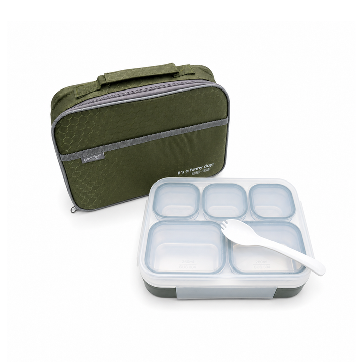 Premium Stainless Steel Insulated Bento Lunch Box for Kids & Adults, 1000ml Leakproof 5-Compartment Divided Lunch Container with Lid, Tableware & Carry Bag, BPA-Free & Dishwasher Safe - (Green)