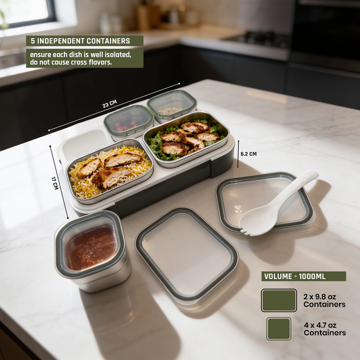 Premium Stainless Steel Insulated Bento Lunch Box for Kids & Adults, 1000ml Leakproof 5-Compartment Divided Lunch Container with Lid, Tableware & Carry Bag, BPA-Free & Dishwasher Safe - (Green)